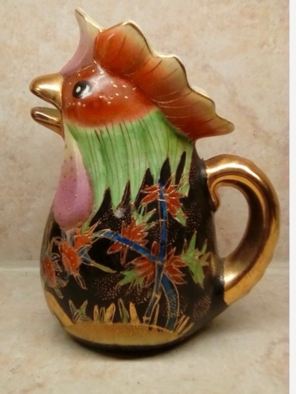Vintage Japanese Satsuma Moriage Rooster Pitcher